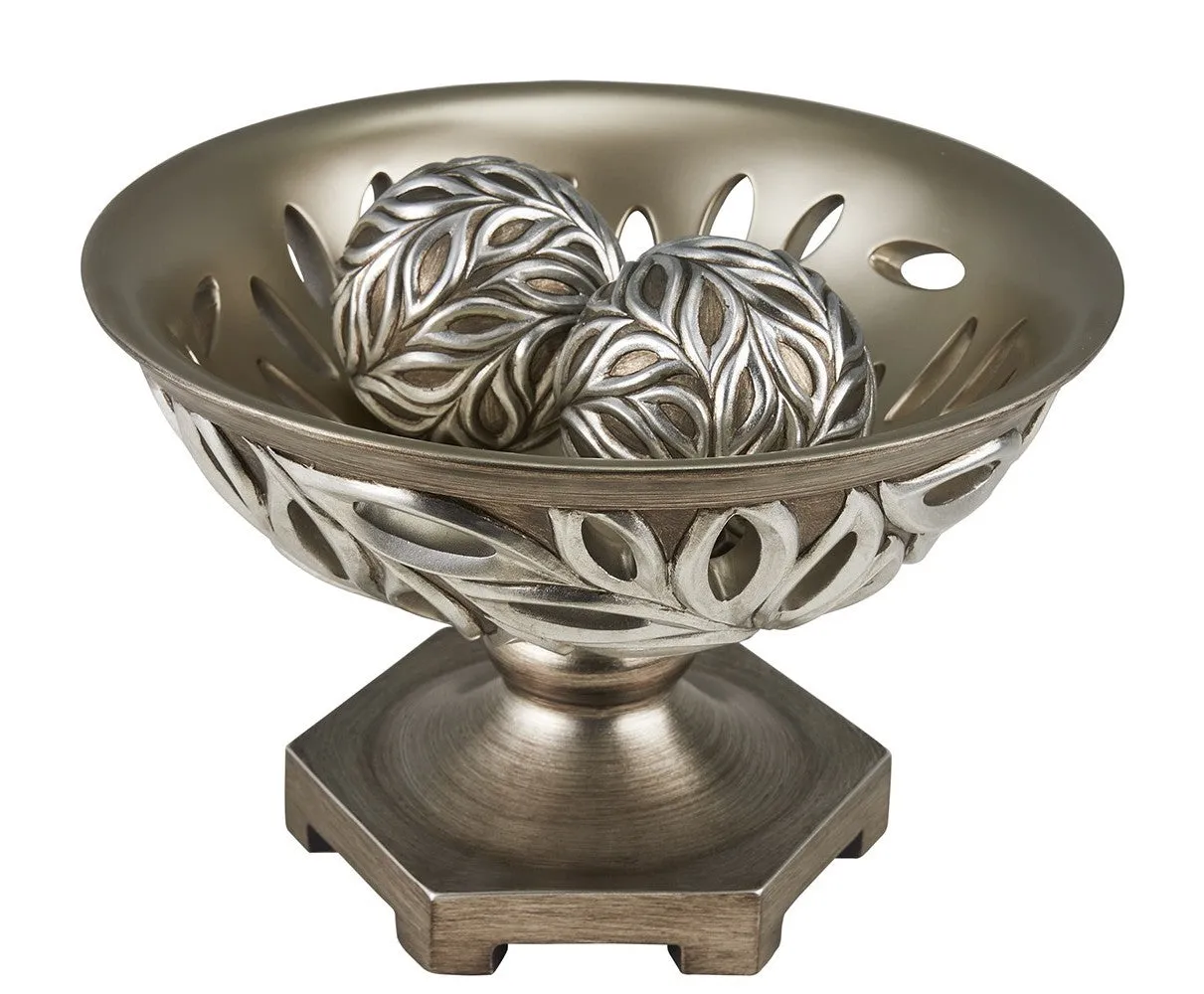 13" Brushed Silver Leaf Polyresin Decorative Pedestal Bowl with Orbs By Homeroots