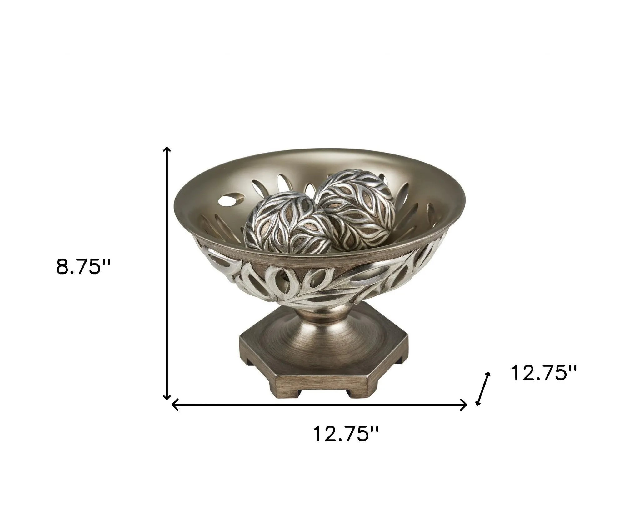 13" Brushed Silver Leaf Polyresin Decorative Pedestal Bowl with Orbs By Homeroots