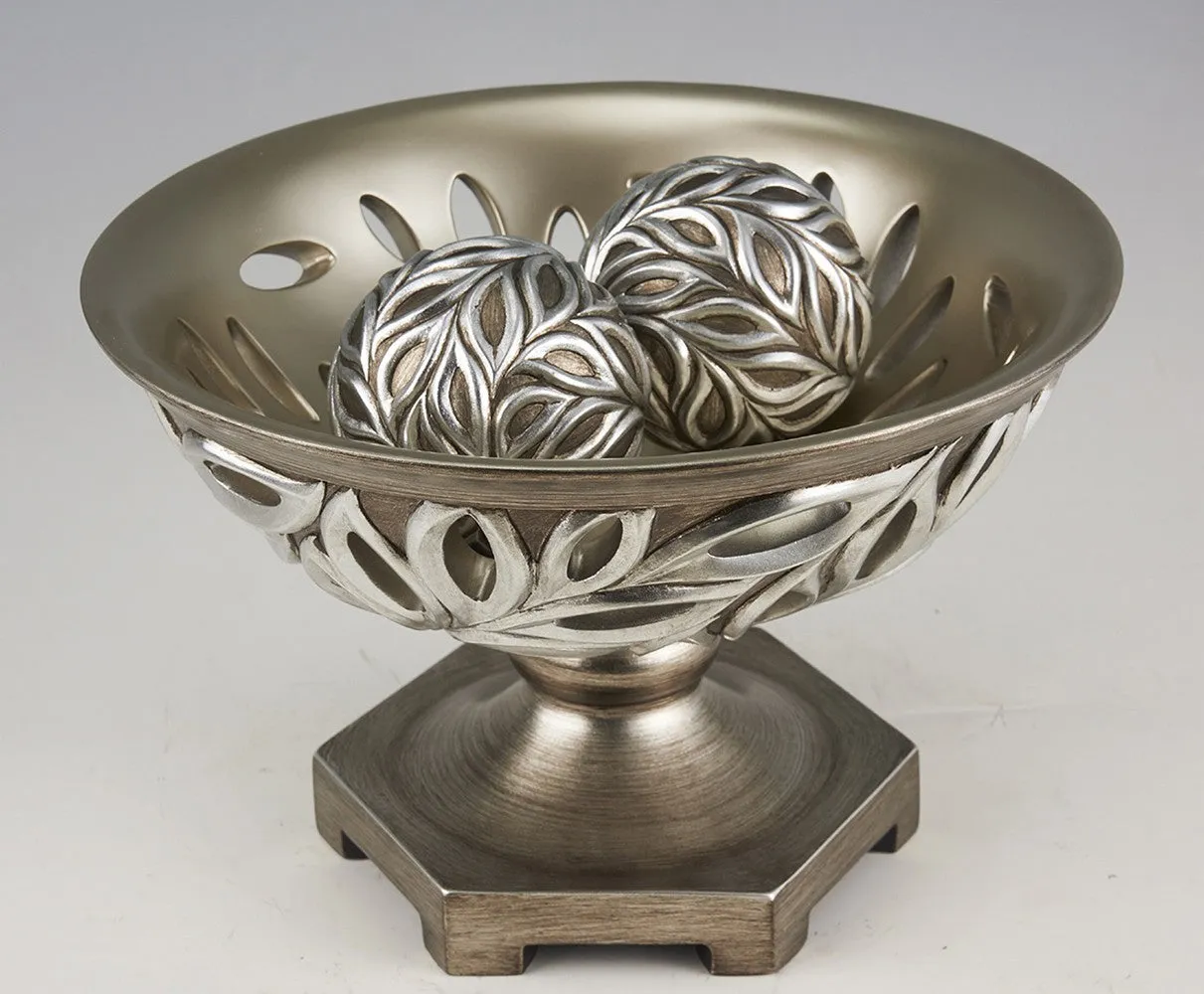 13" Brushed Silver Leaf Polyresin Decorative Pedestal Bowl with Orbs By Homeroots