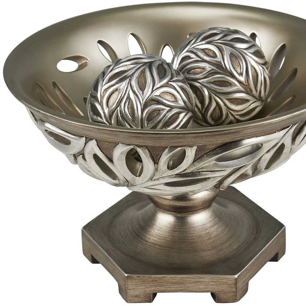 13" Brushed Silver Leaf Polyresin Decorative Pedestal Bowl with Orbs By Homeroots