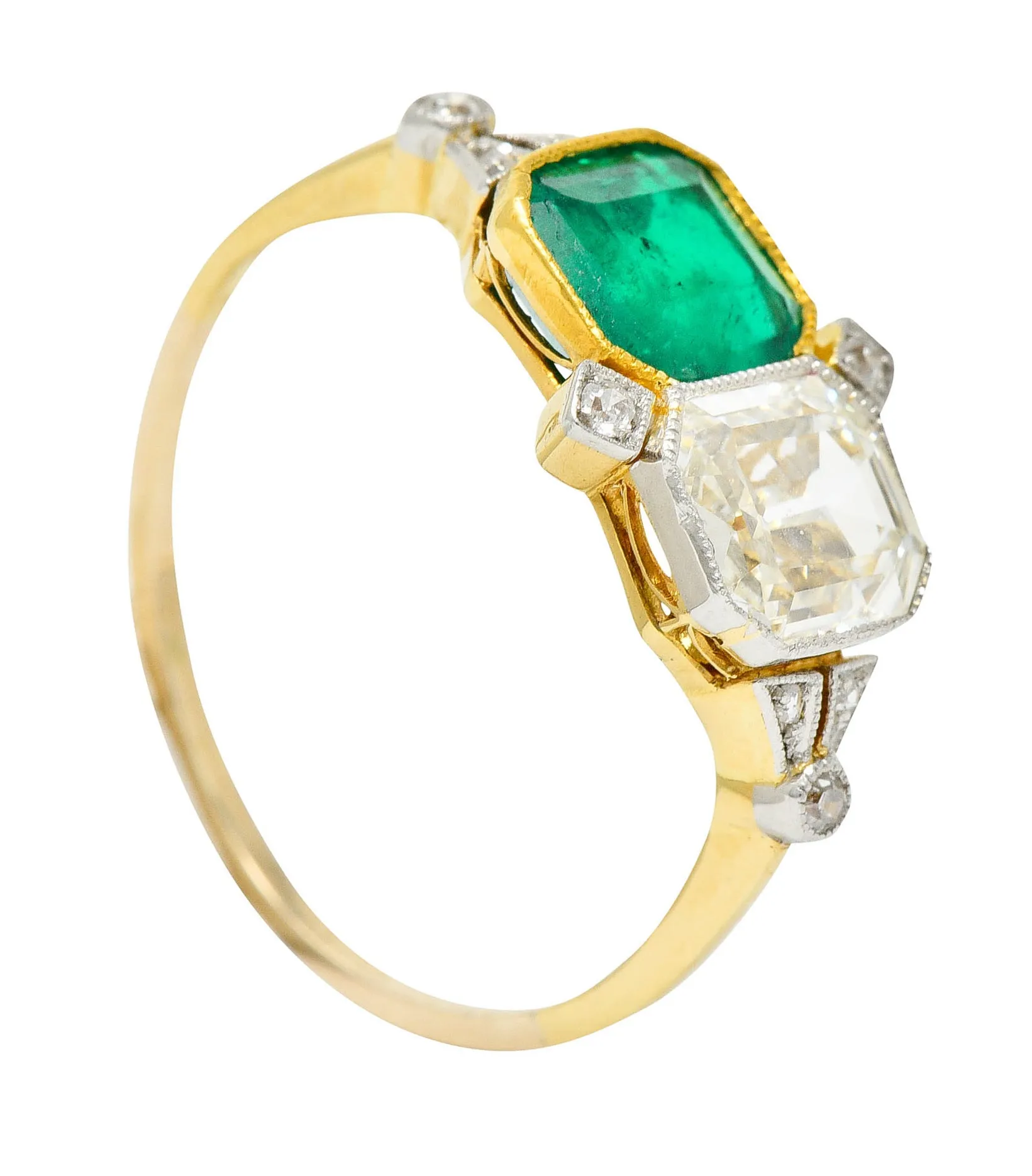 1920's Art Deco Diamond Emerald Platinum-Topped 18 Karat Gold Double Ring