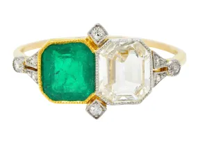 1920's Art Deco Diamond Emerald Platinum-Topped 18 Karat Gold Double Ring