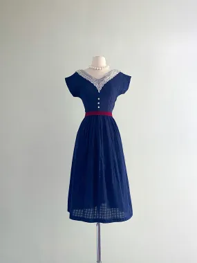 1950's French Girl Chic Navy Cotton Sundress / Sz s