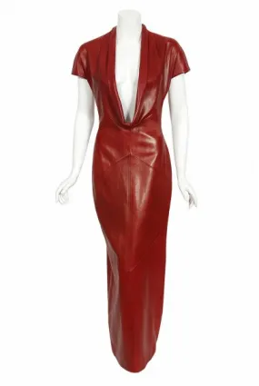 1998 Alexander McQueen For Givenchy Runway Red Leather Low-Plunge Gown