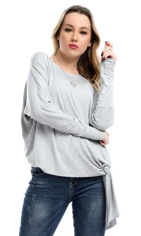 53474 Side Bow Tie Long Sleeves Crew Neck Top - Heather Grey