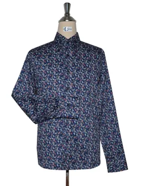 60s Style Navy Blue and Orange Paisley  Shirt