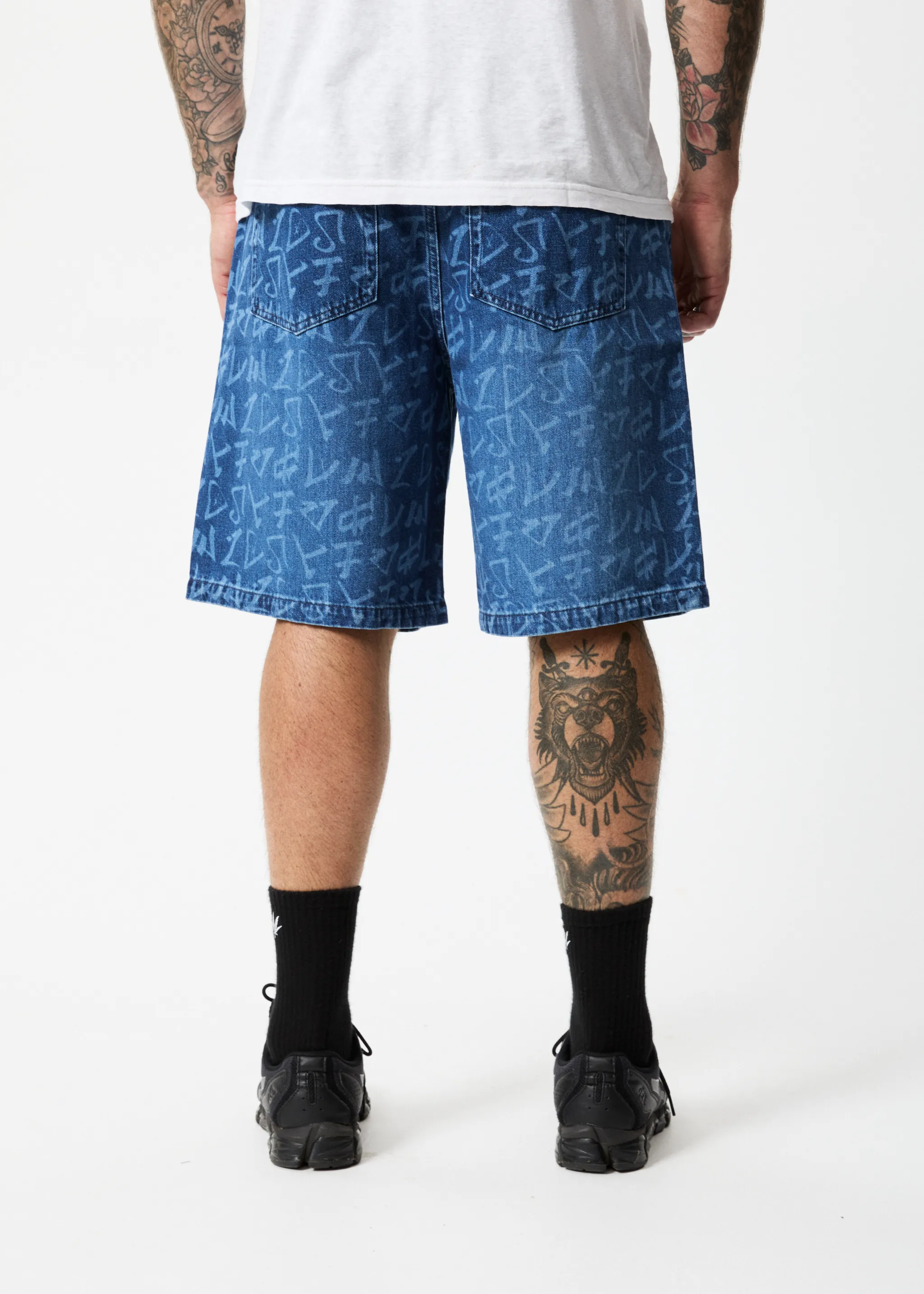 AFENDS Mens Tagged Lil C - Denim Baggy Shorts - Graffiti Blue