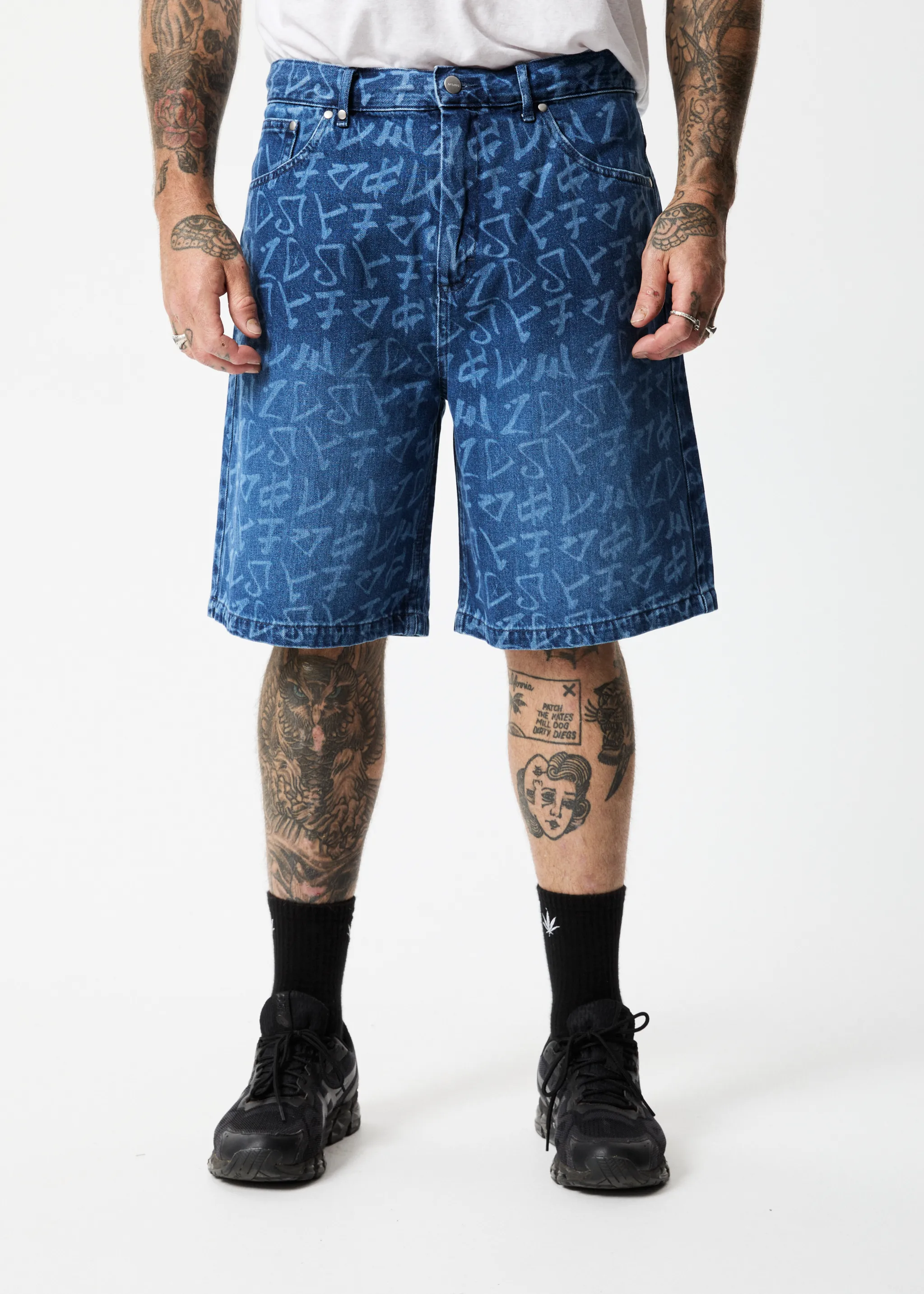 AFENDS Mens Tagged Lil C - Denim Baggy Shorts - Graffiti Blue