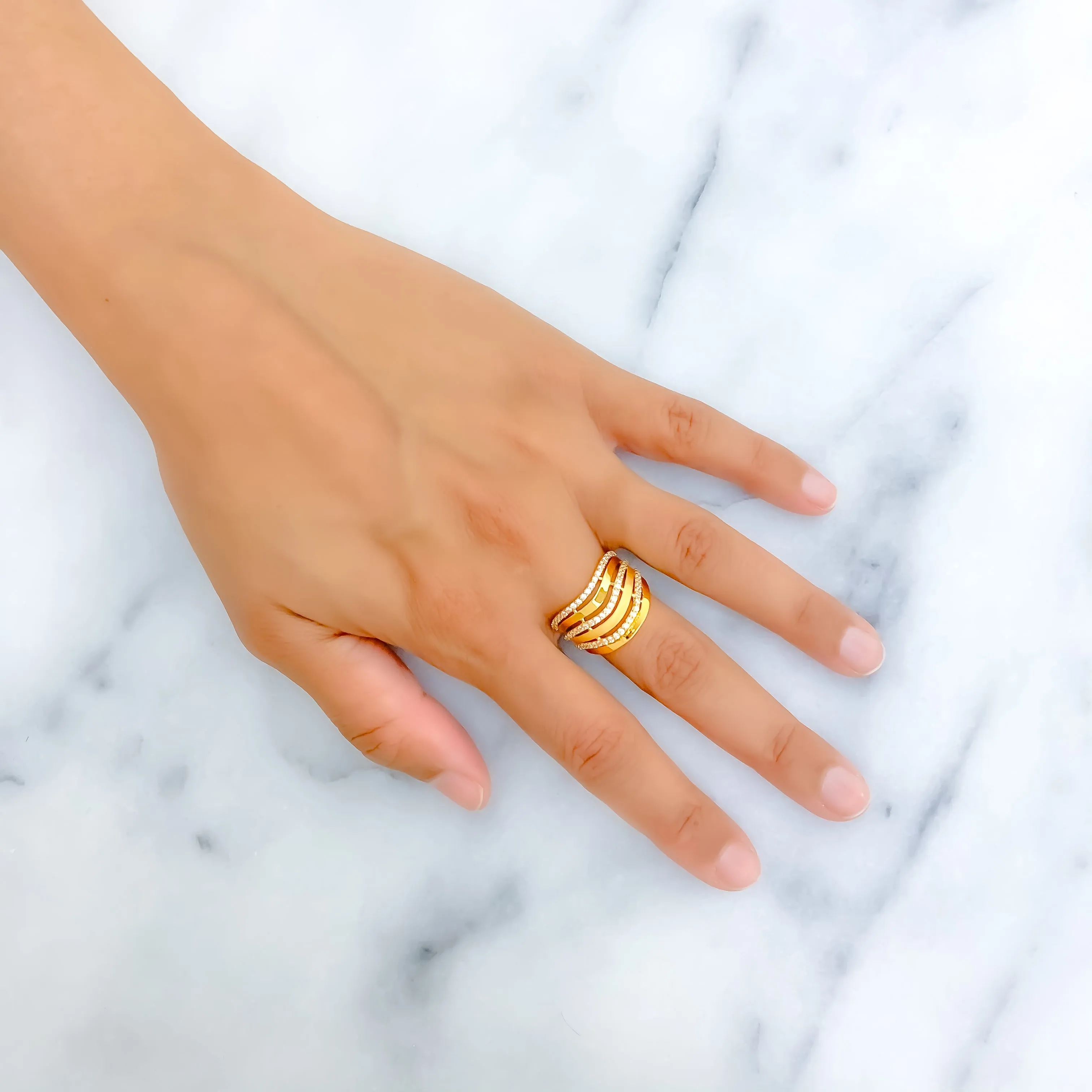 Alternating Striped 22k Gold CZ Statement Ring