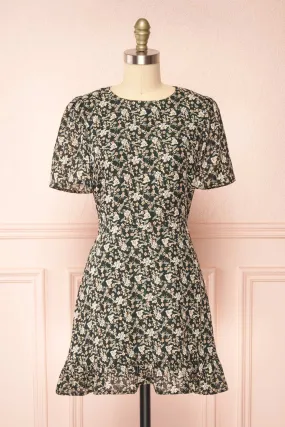 Atawa | Short Sleeve Green Floral Dress