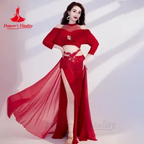 Belly Dance Costume for Women Half Sleeves Top chiffon Long Skirt 2pcs Training Performance Set Oriental Belly Dancing Outfit