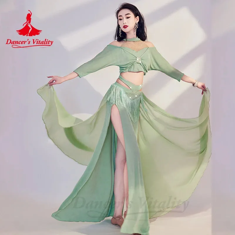 Belly Dance Costume for Women Half Sleeves Top chiffon Long Skirt 2pcs Training Performance Set Oriental Belly Dancing Outfit