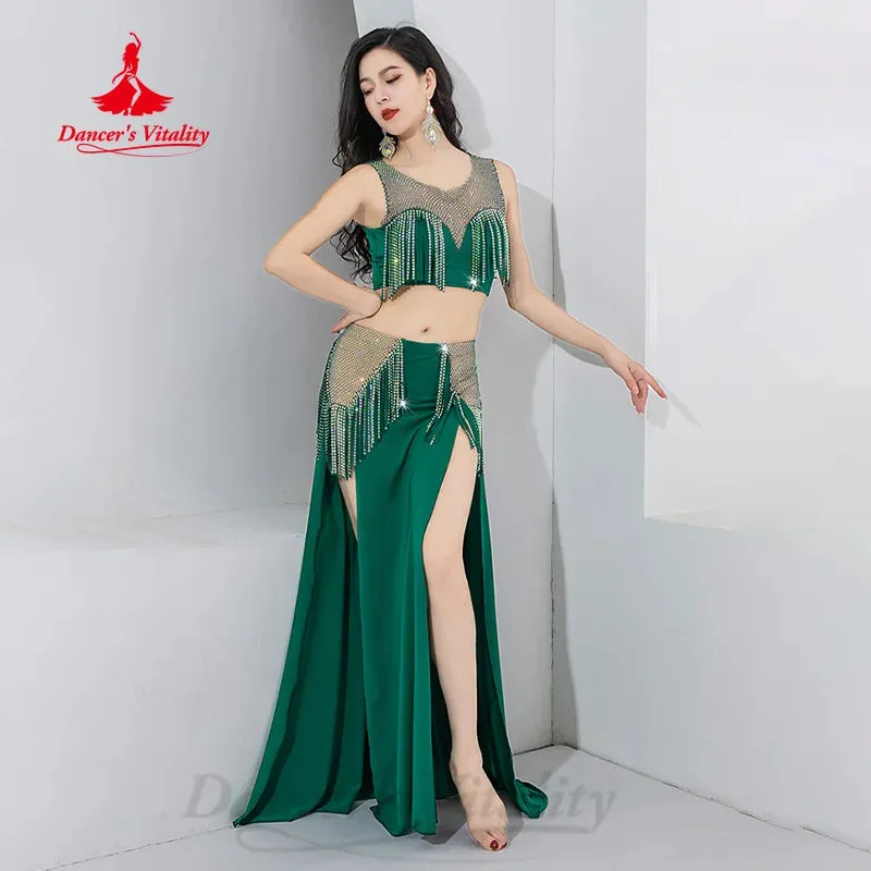 Belly Dance Performance Costume Women's Customized Light Luxury AB Stones Tassel Set Adult Oriental Dance Competition Clothing