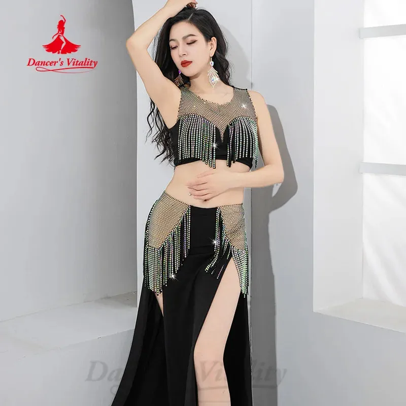 Belly Dance Performance Costume Women's Customized Light Luxury AB Stones Tassel Set Adult Oriental Dance Competition Clothing