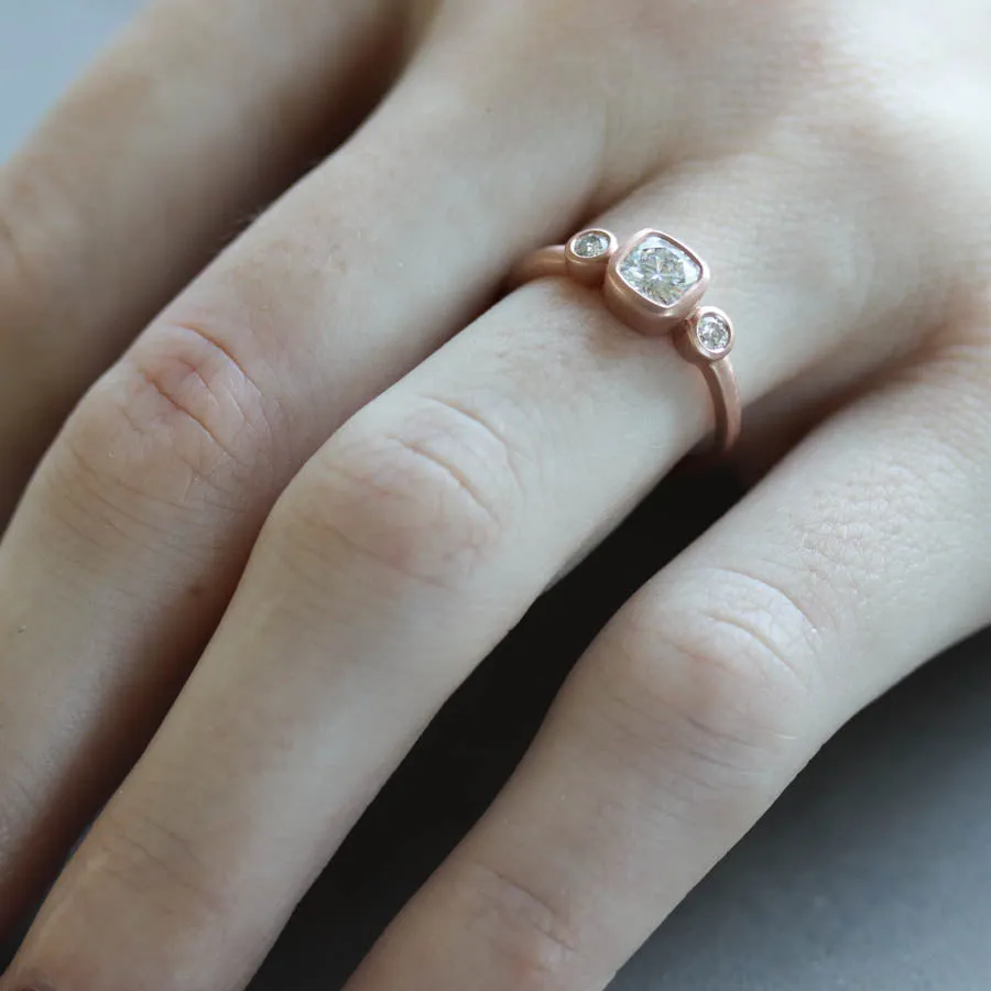 Bezel-set Cushion Three Stone Ring •