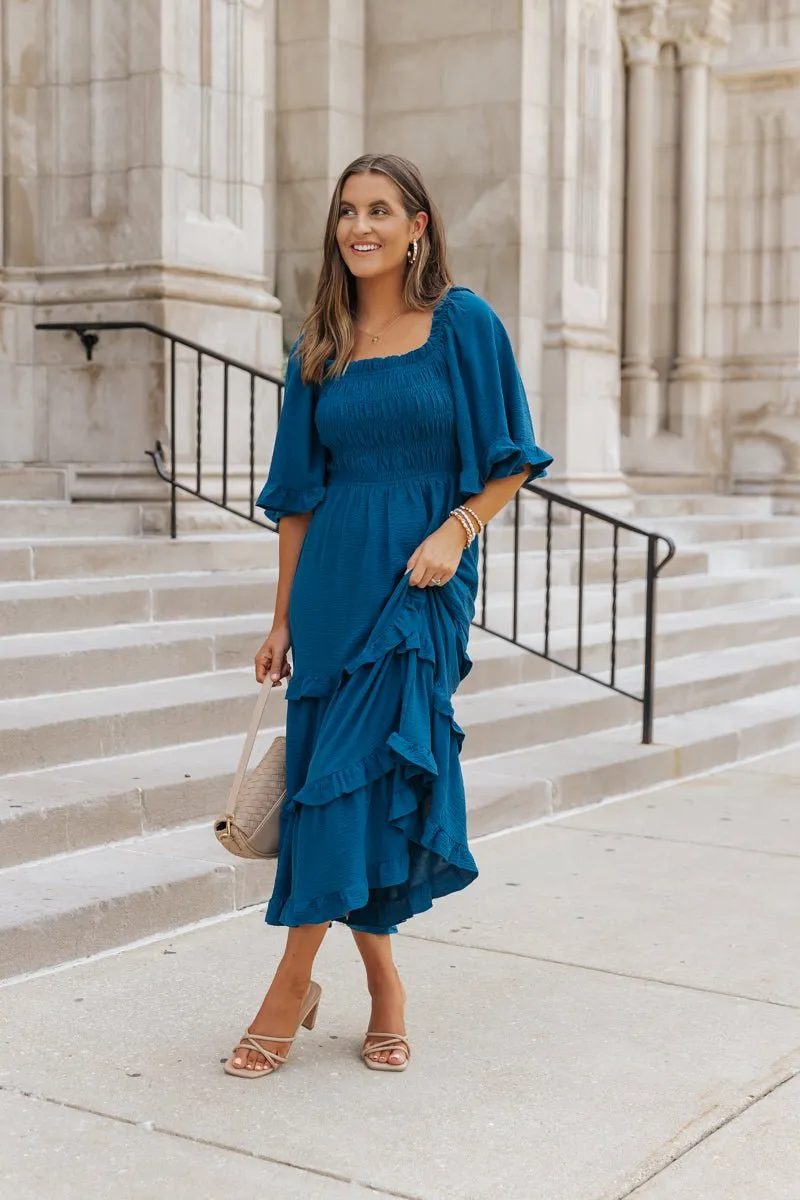 Blue Off The Shoulder Tiered Midi Dress