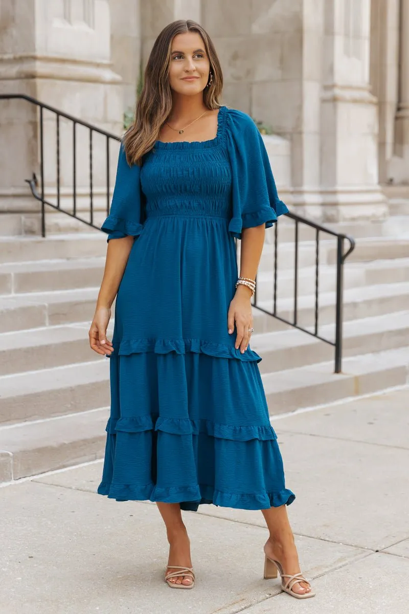 Blue Off The Shoulder Tiered Midi Dress