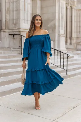 Blue Off The Shoulder Tiered Midi Dress