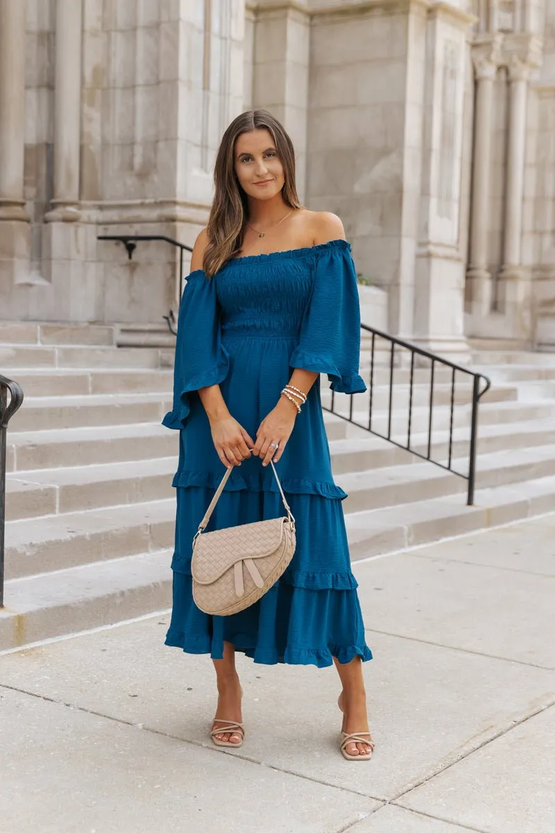 Blue Off The Shoulder Tiered Midi Dress