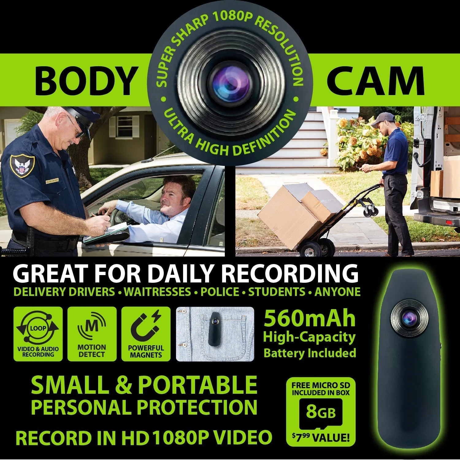 Body Cam with Micro Sd Card - 4 Pieces Per Retail Ready Display 23591