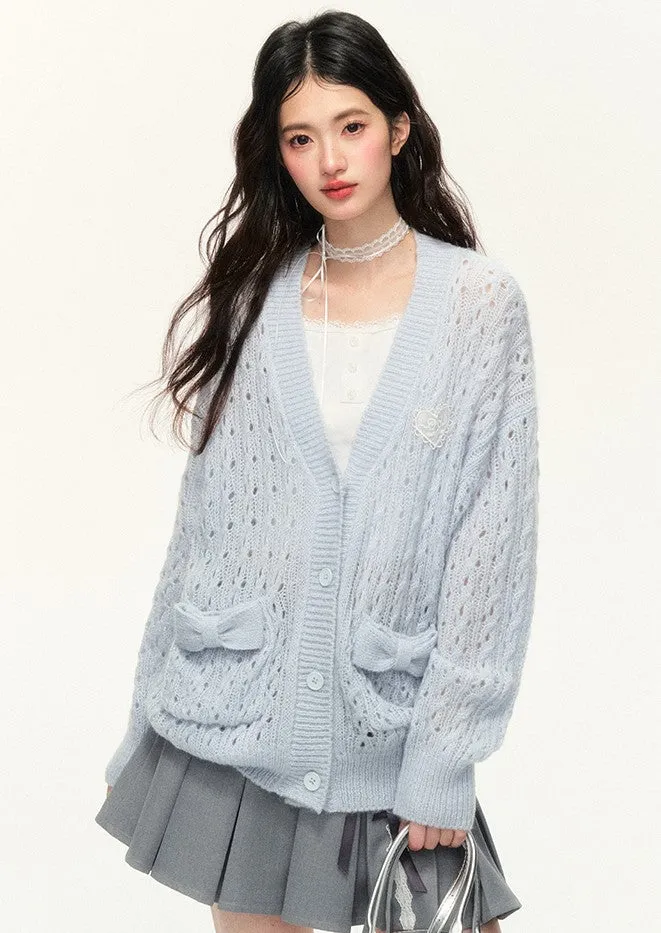 Bow Pocket Hollow Cable Knitted Sweater Cardigan NTO0134