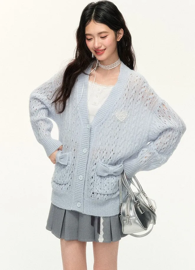 Bow Pocket Hollow Cable Knitted Sweater Cardigan NTO0134