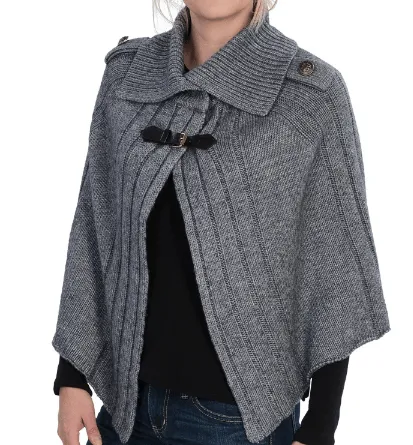 Cable Knit Cape with Leather Strap - Grey