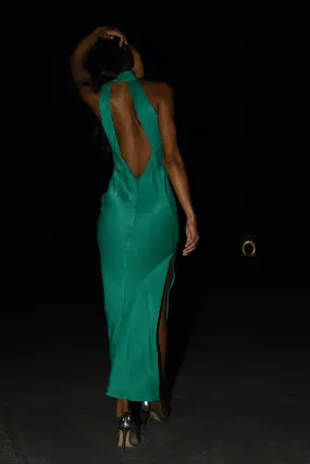 Claire Satin Drape Back Maxi Dress with Split - Green