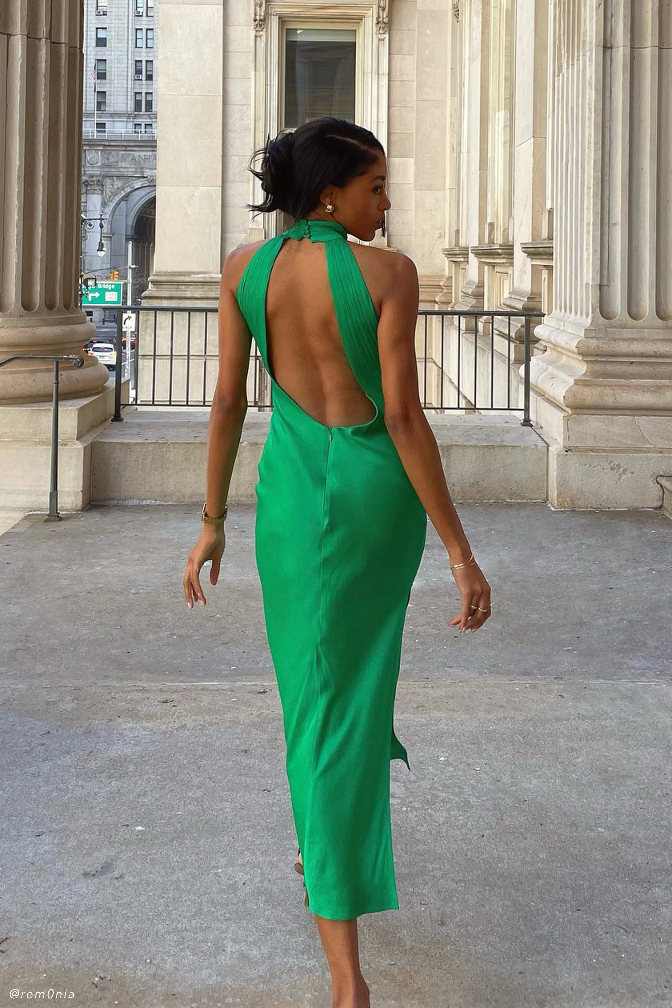 Claire Satin Drape Back Maxi Dress with Split - Green