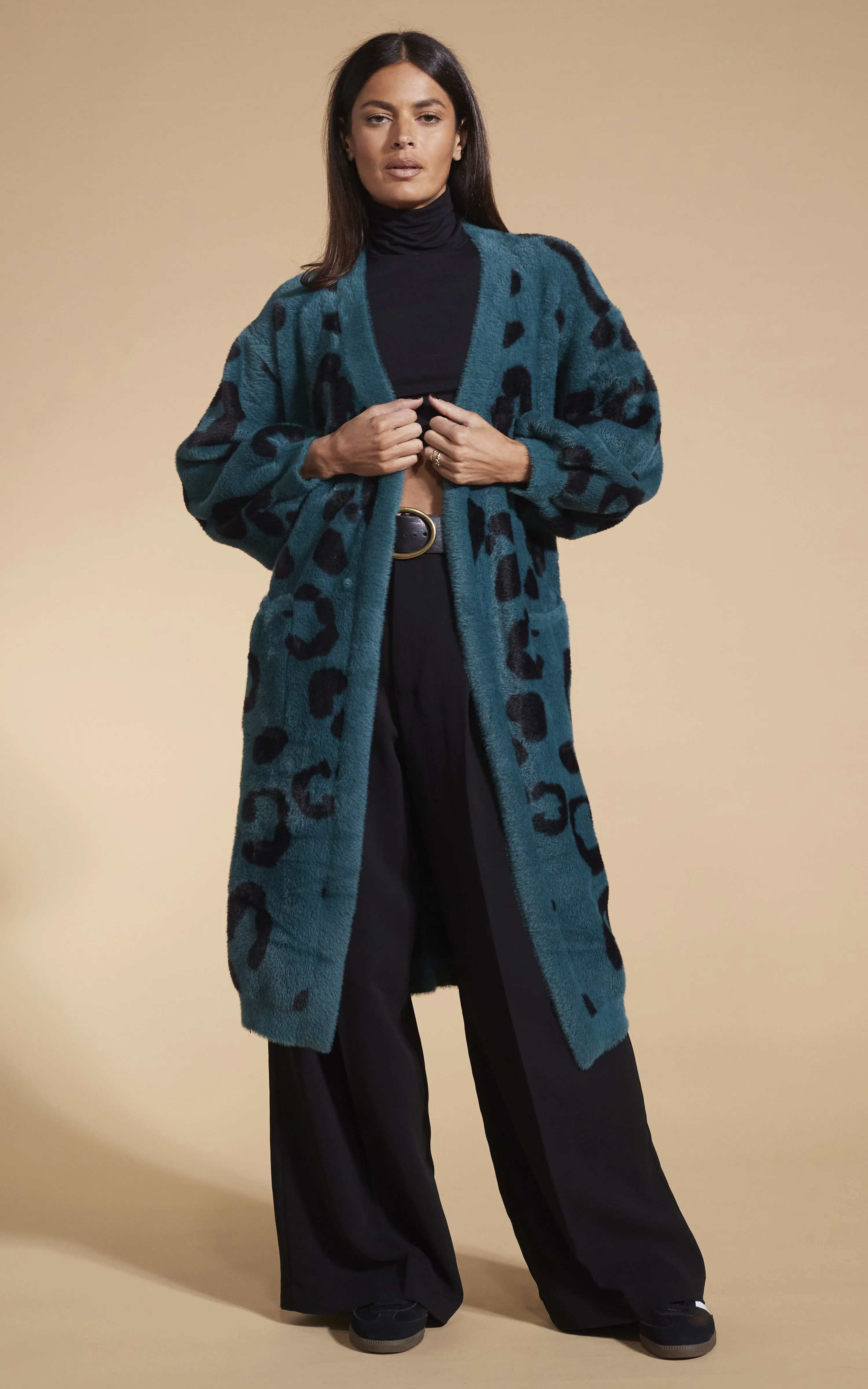 Coco Wrap Cardigan In Black On Forest Green Leopard