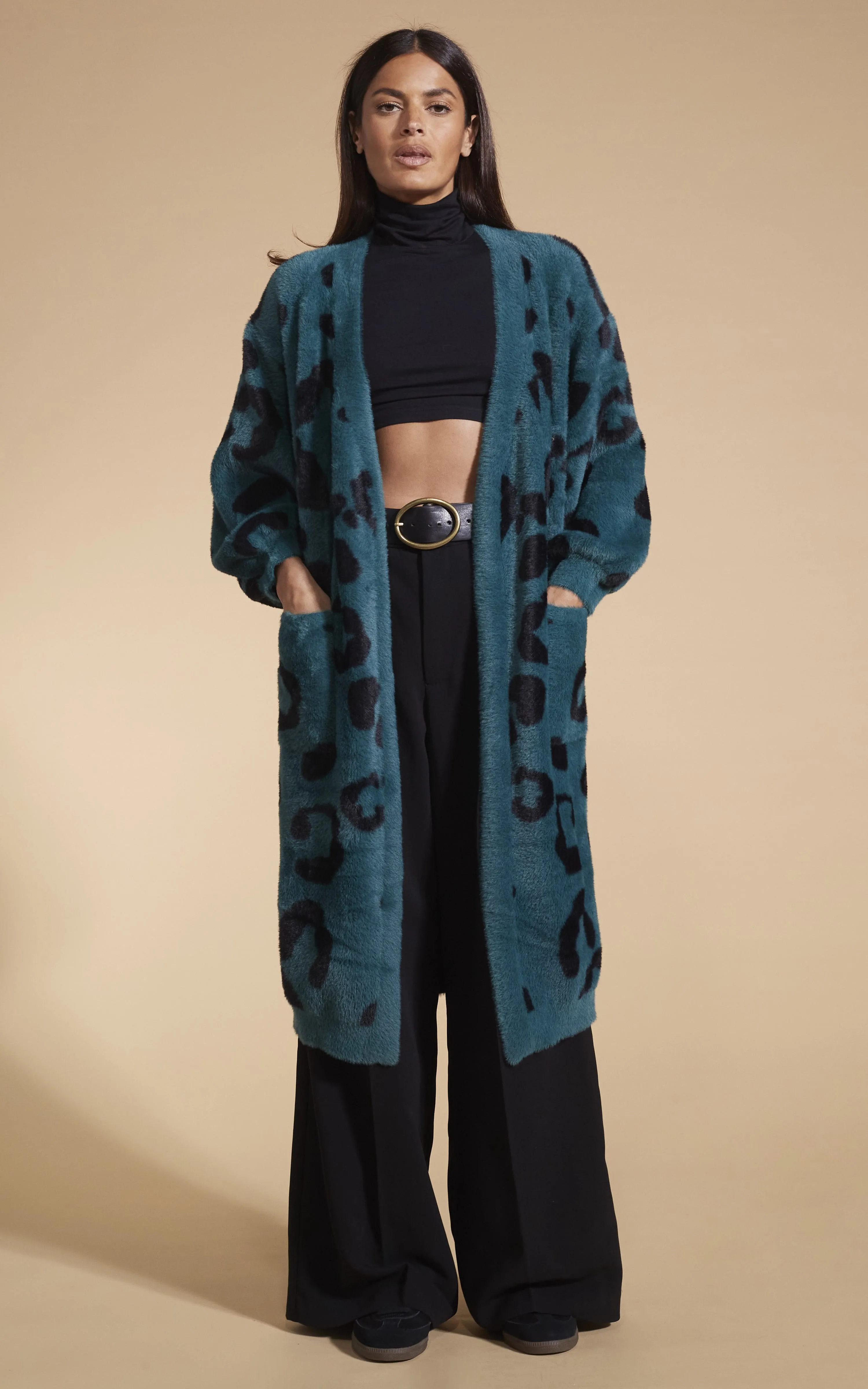 Coco Wrap Cardigan In Black On Forest Green Leopard