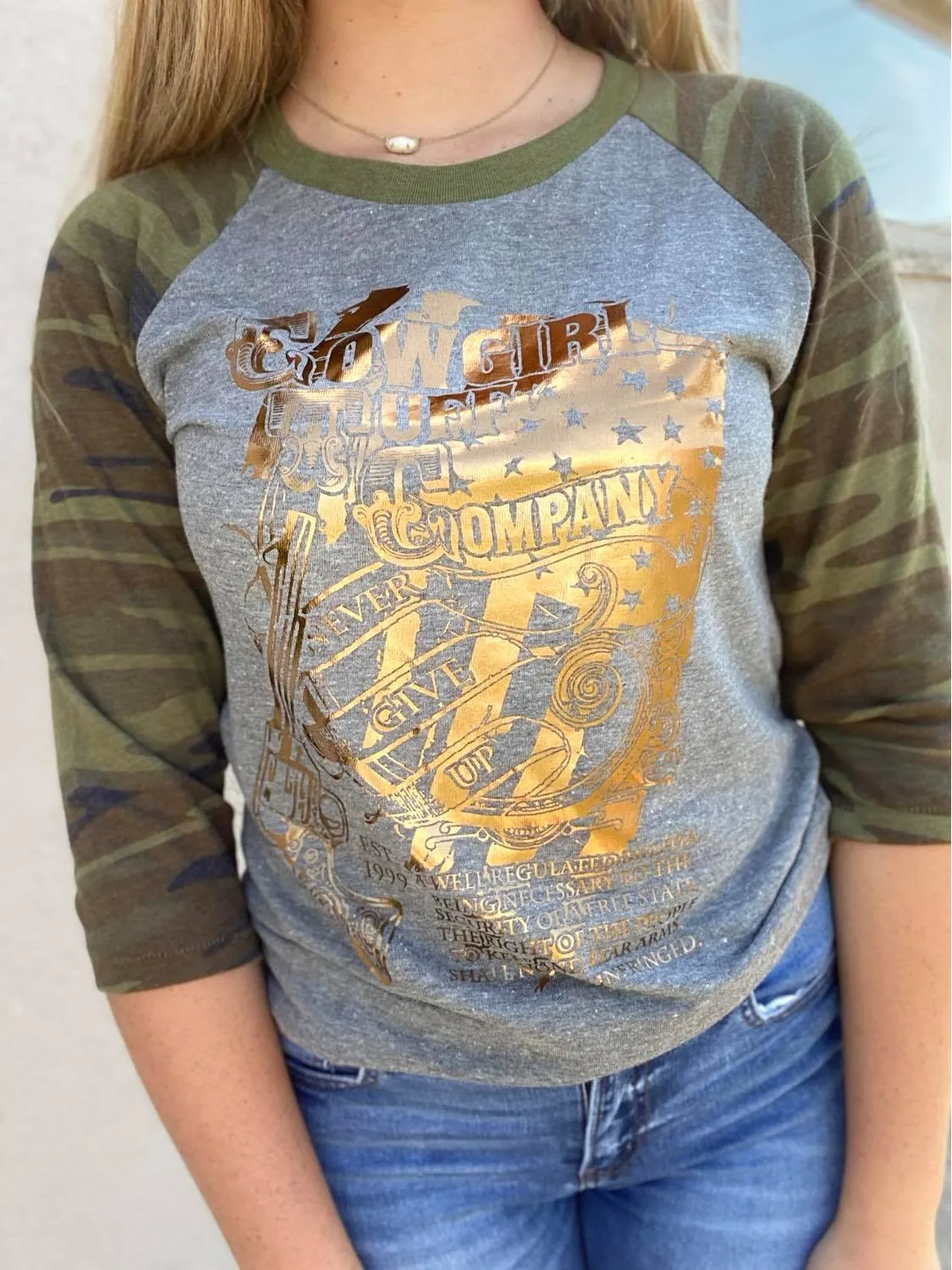 Cowgirl Tuff Grey and camo baseball raglan tee WITH CTC REVOLVER PRINT