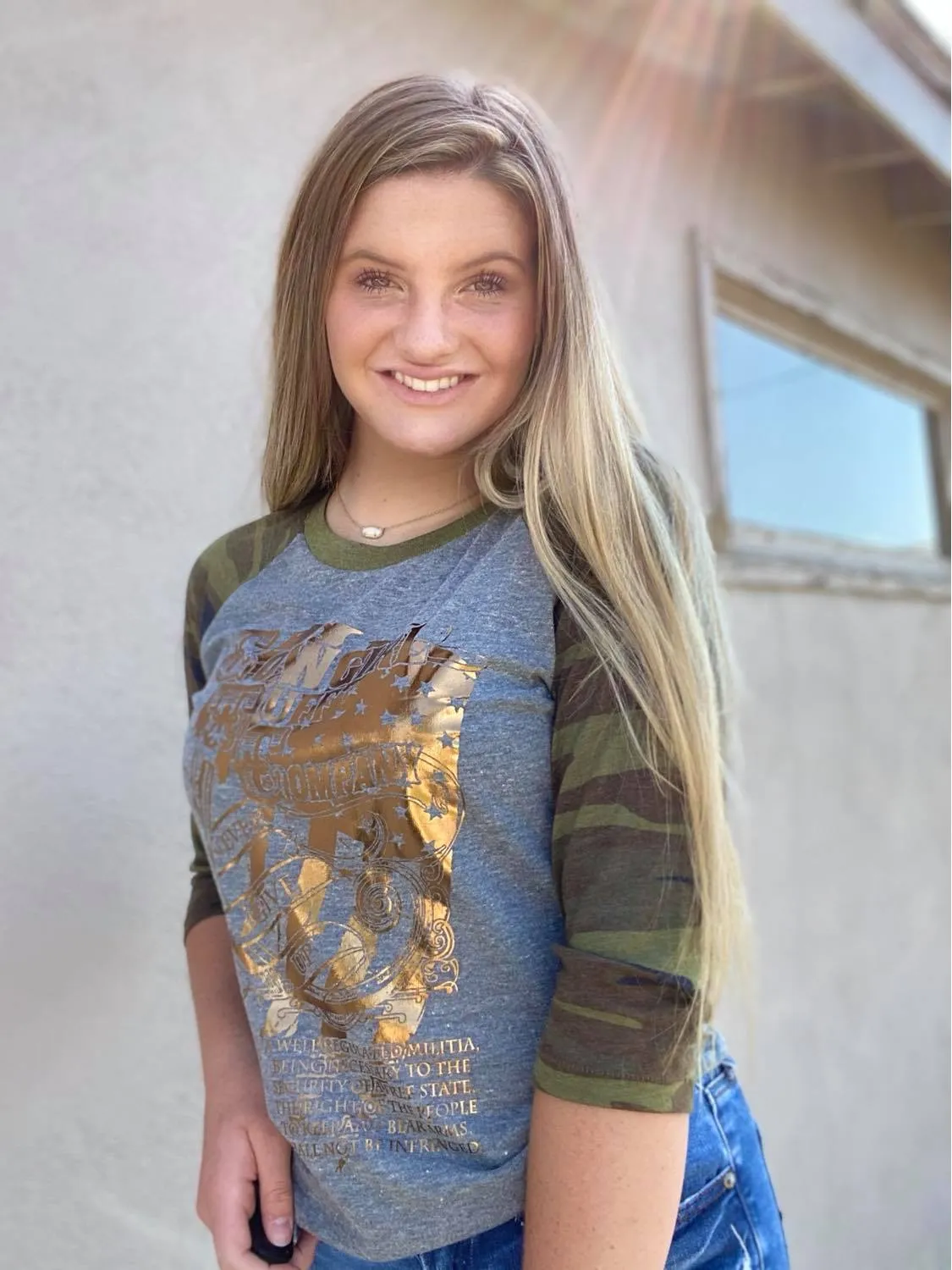 Cowgirl Tuff Grey and camo baseball raglan tee WITH CTC REVOLVER PRINT