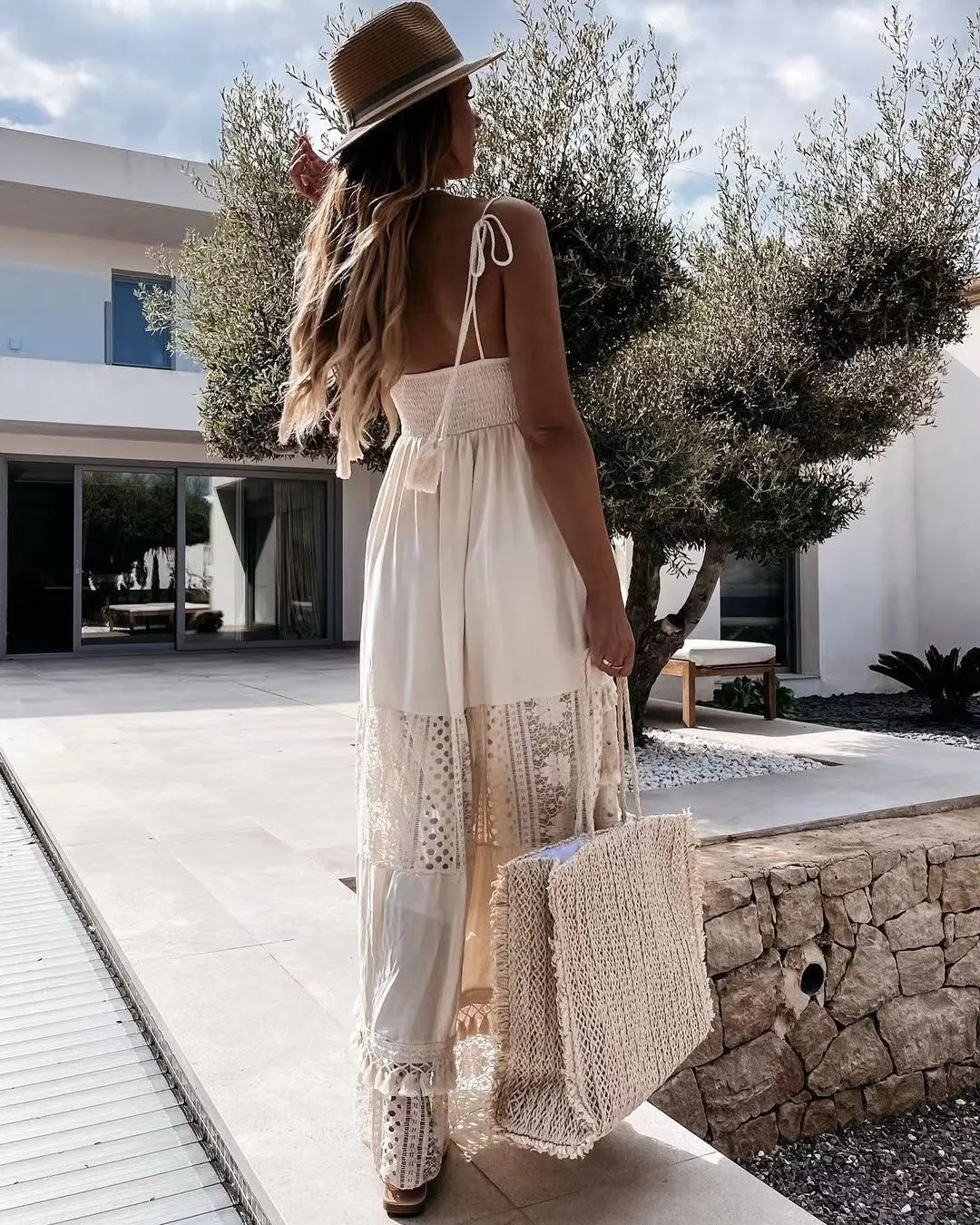 Eyelet Bohemian Crochet Knitted Lace Tassel Fringe Dress