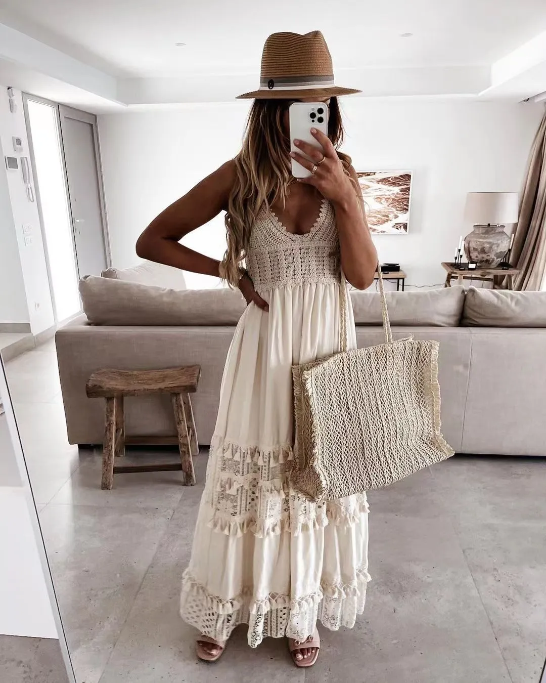 Eyelet Bohemian Crochet Knitted Lace Tassel Fringe Dress