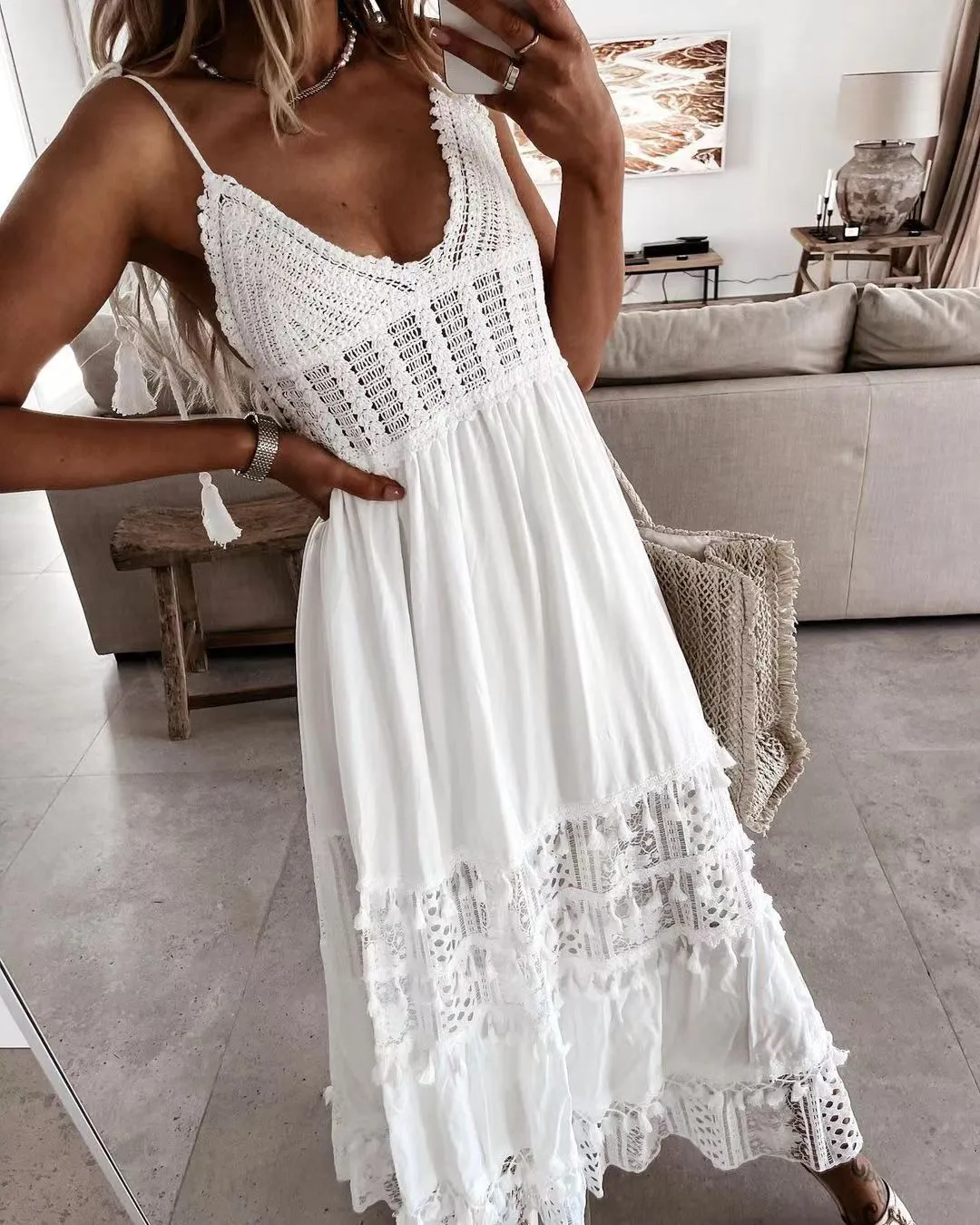 Eyelet Bohemian Crochet Knitted Lace Tassel Fringe Dress