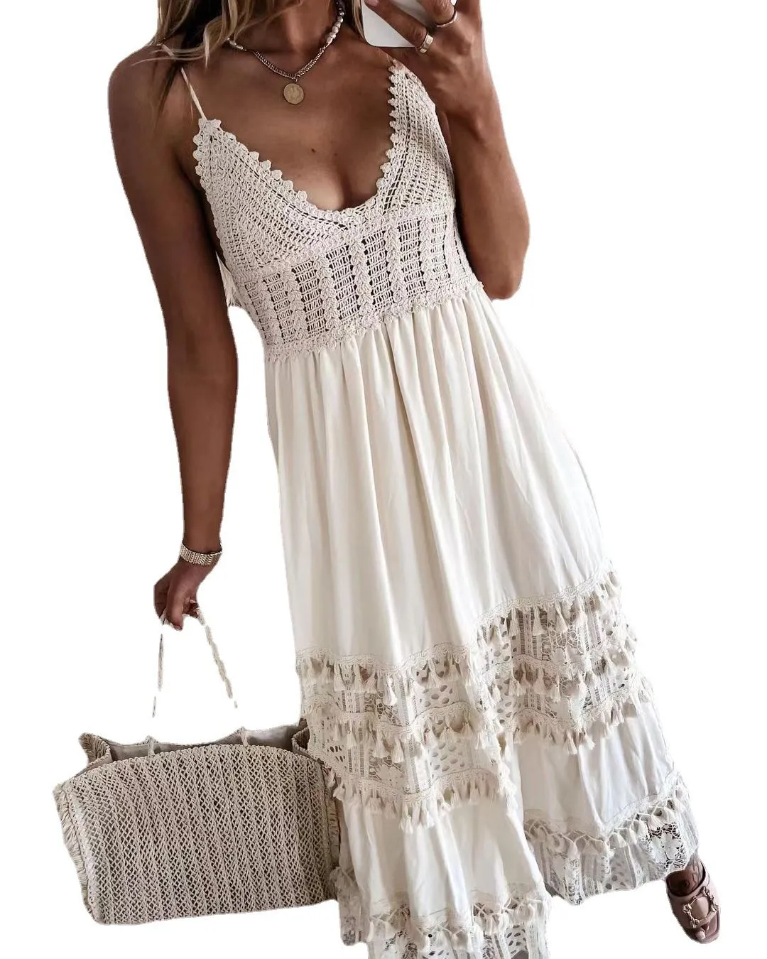 Eyelet Bohemian Crochet Knitted Lace Tassel Fringe Dress