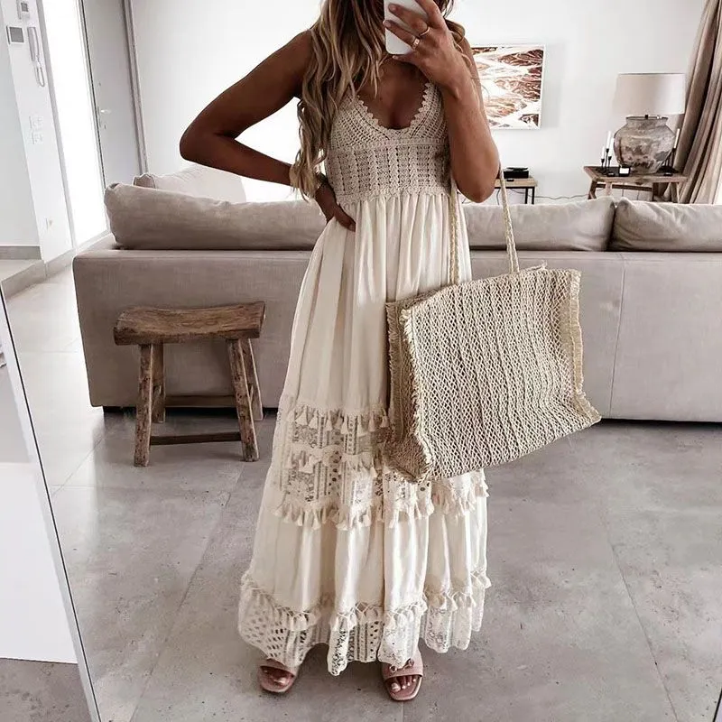 Eyelet Bohemian Crochet Knitted Lace Tassel Fringe Dress