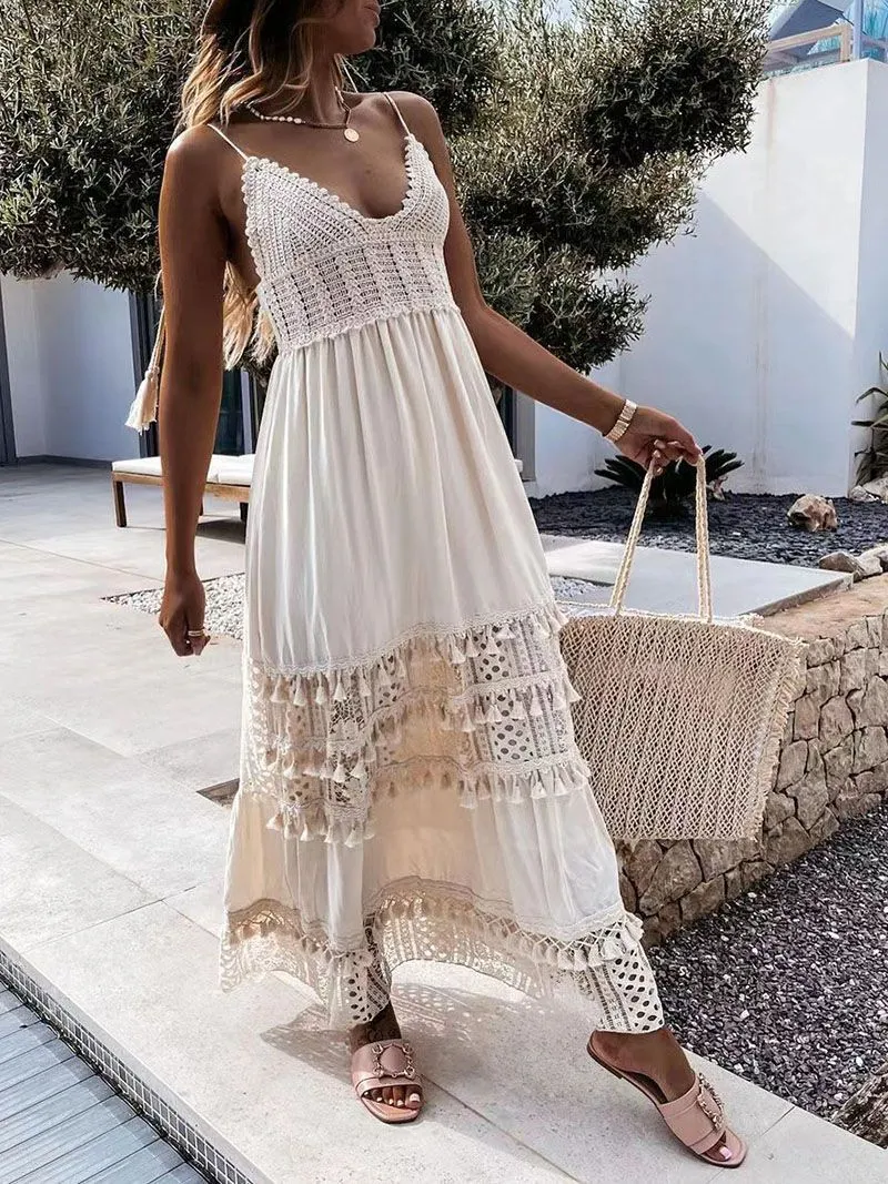 Eyelet Bohemian Crochet Knitted Lace Tassel Fringe Dress