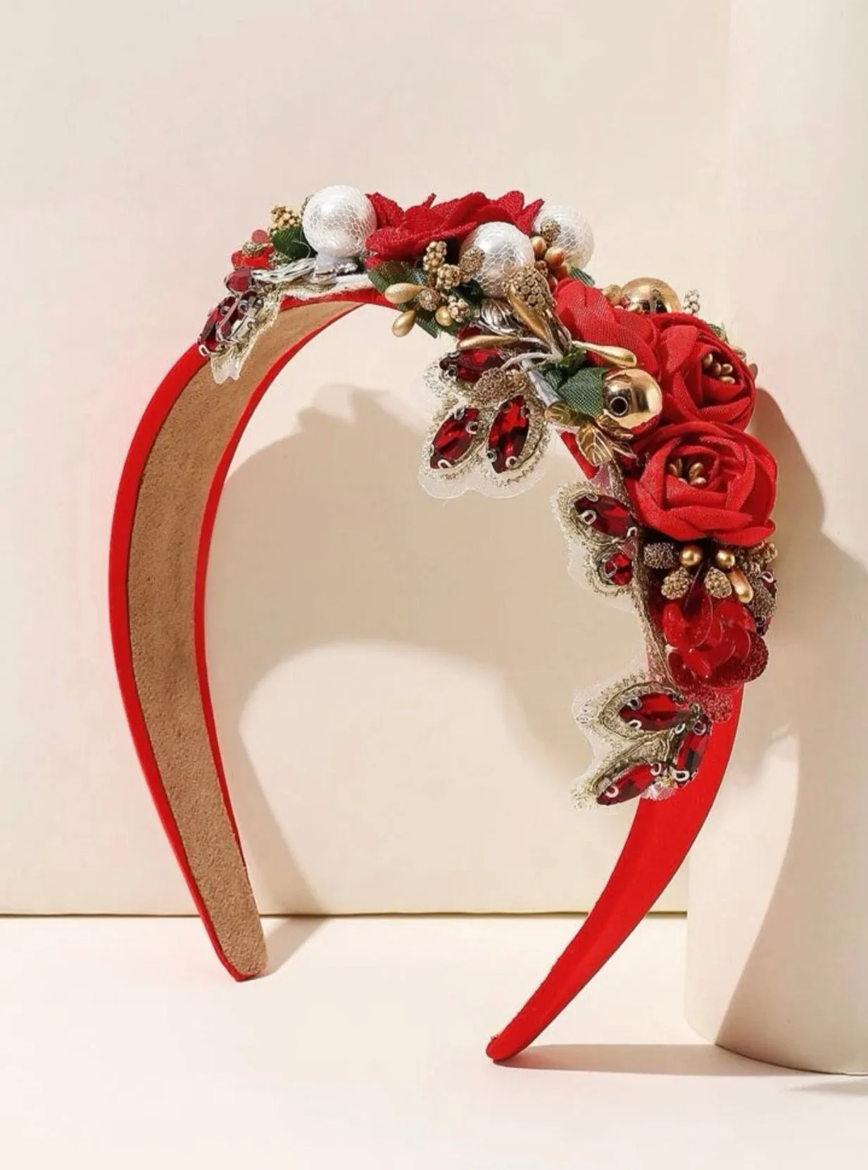 Festive Floral Headband - Handmade Headpiece, Rhinestone Headband, Holiday Headpiece, Beaded Headband