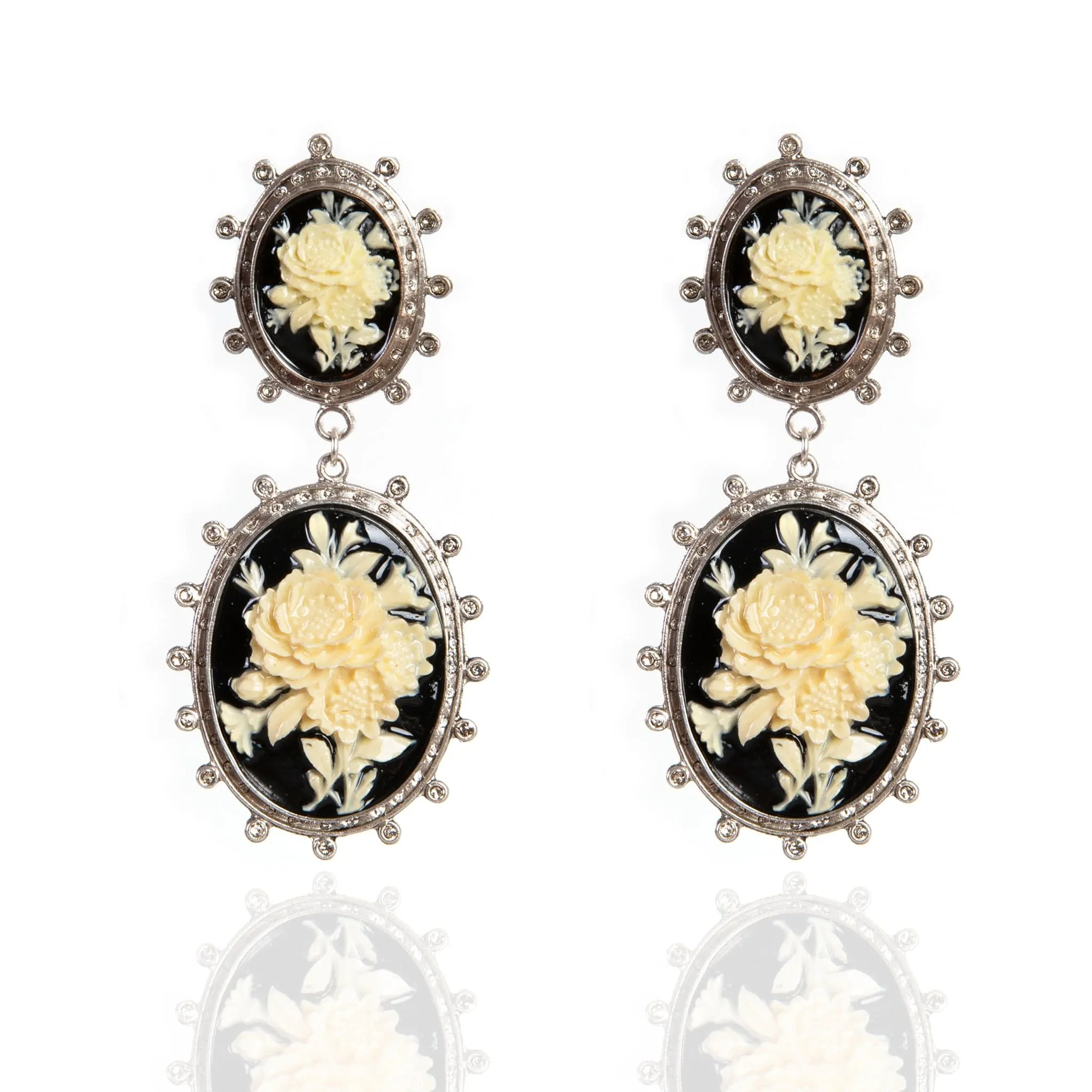 Floral Cameo Statement Clip Earrings