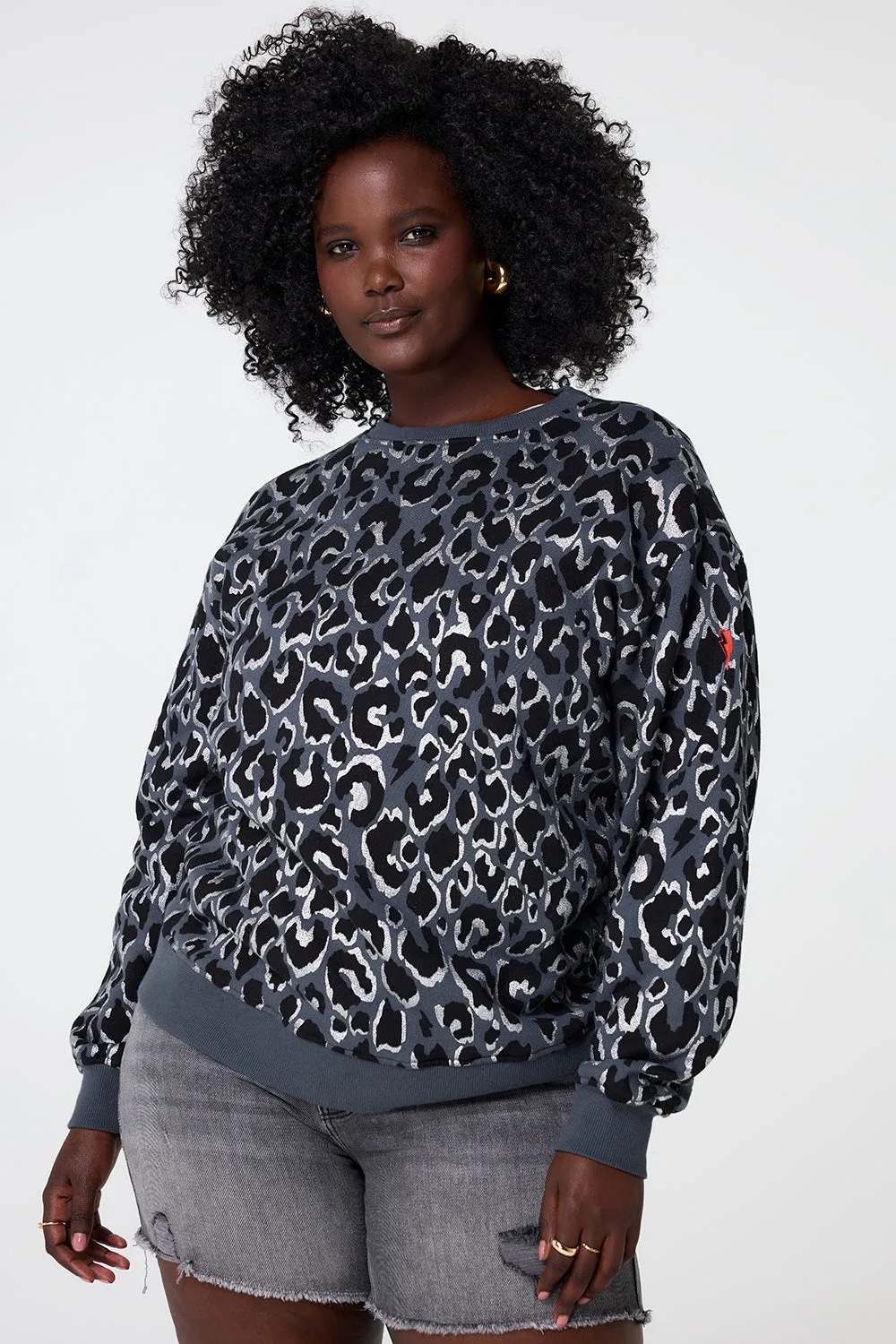 Grey with Black and Silver Foil Leopard Oversized Sweatshirt