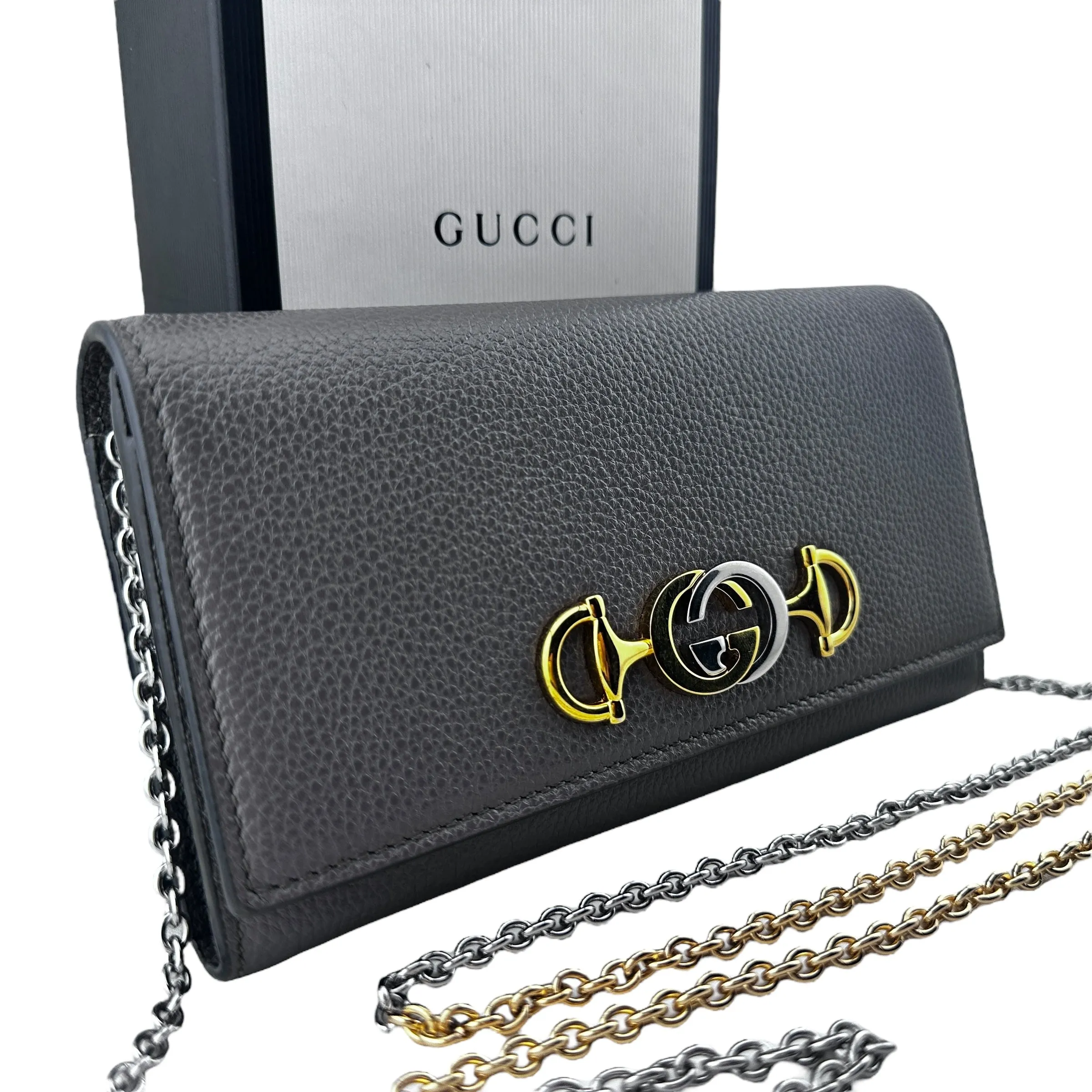 GUCCI Horsebit GG Logo Leather Wallet On Chain