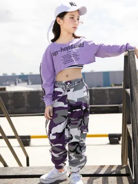 #HH456 Hip Hop Costume-Purple Long Sleeve Tops- Camouflage Pants- Black Vest