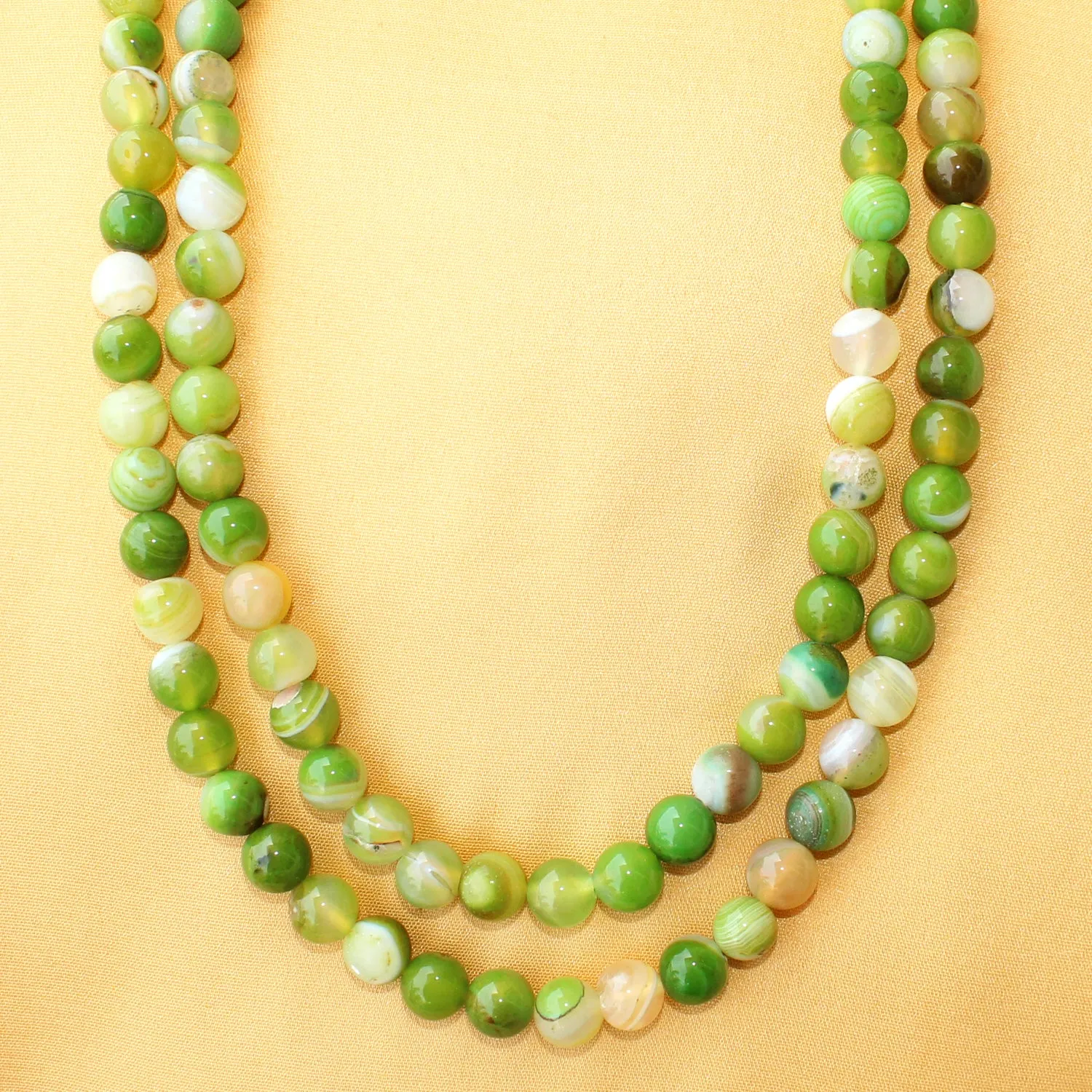 Imeora Parrot Green Agate 8mm Double Line Necklace With 8mm Earrings