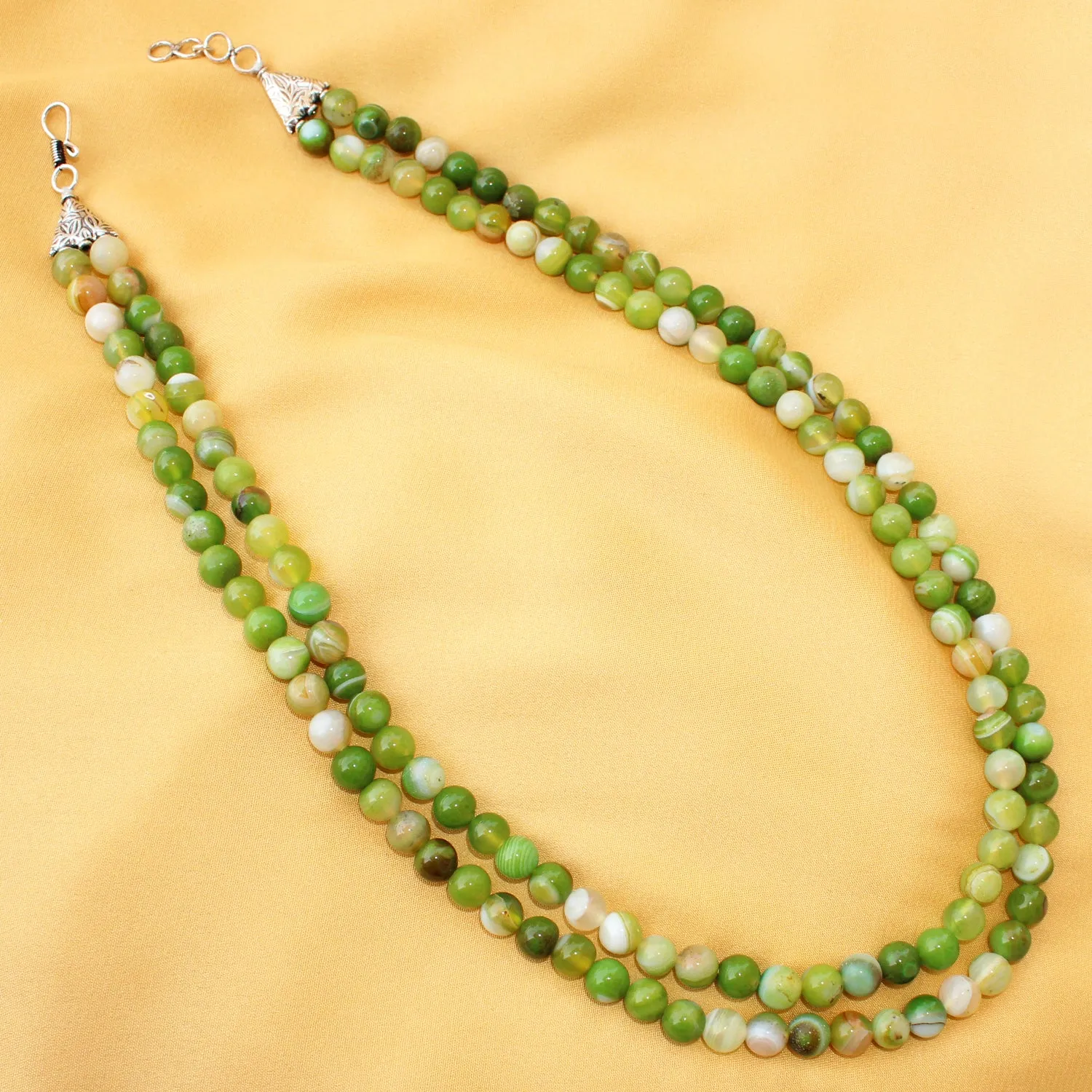 Imeora Parrot Green Agate 8mm Double Line Necklace With 8mm Earrings