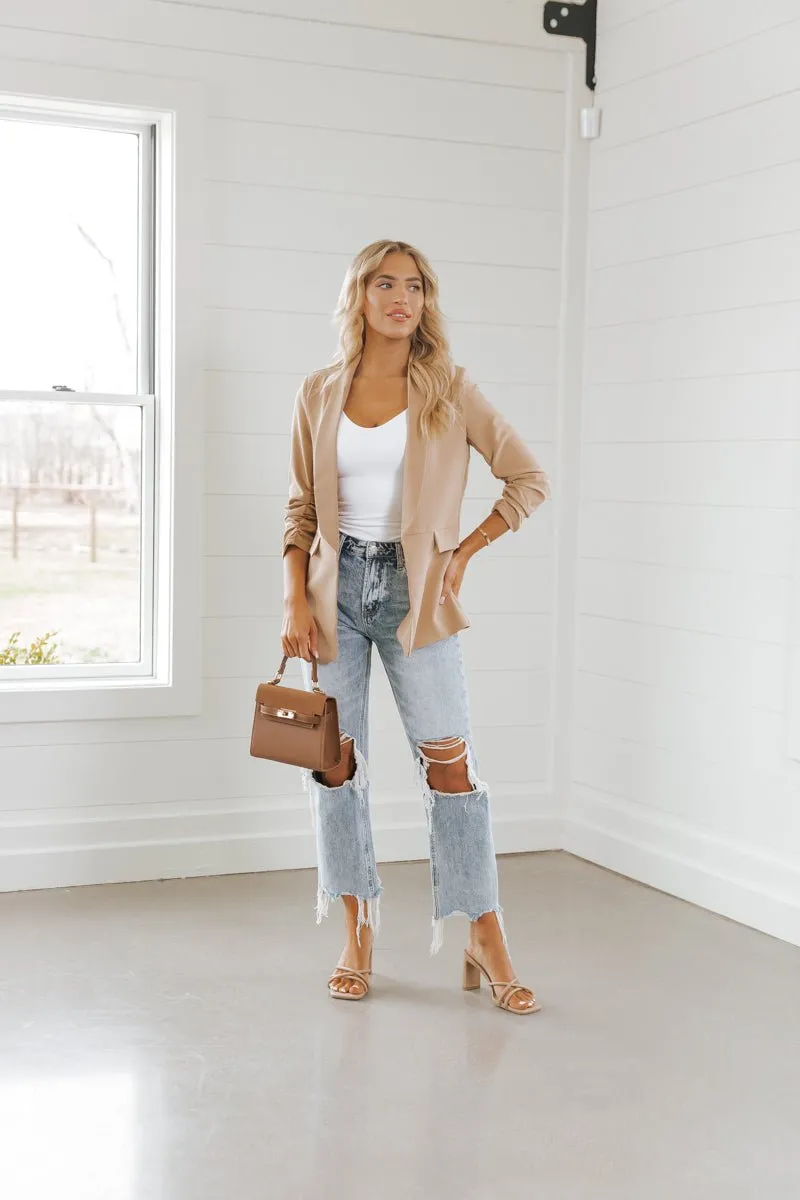 Khaki Ruched Sleeve Blazer