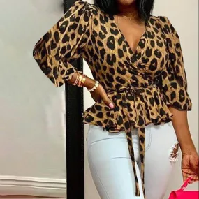 Leopard Print Blouse Belted Top