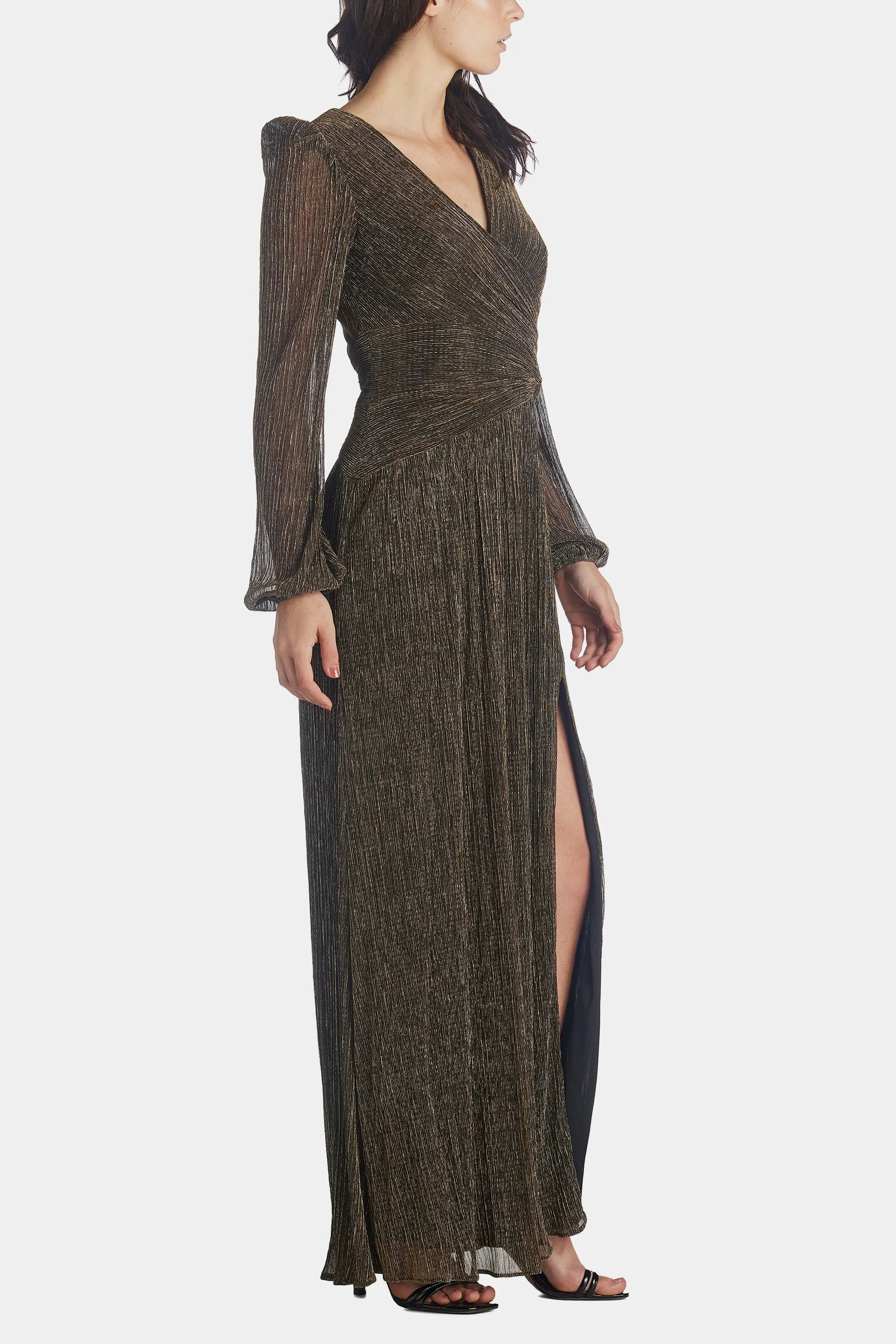 Long, Long Sleeve Metallic Wrap Gown