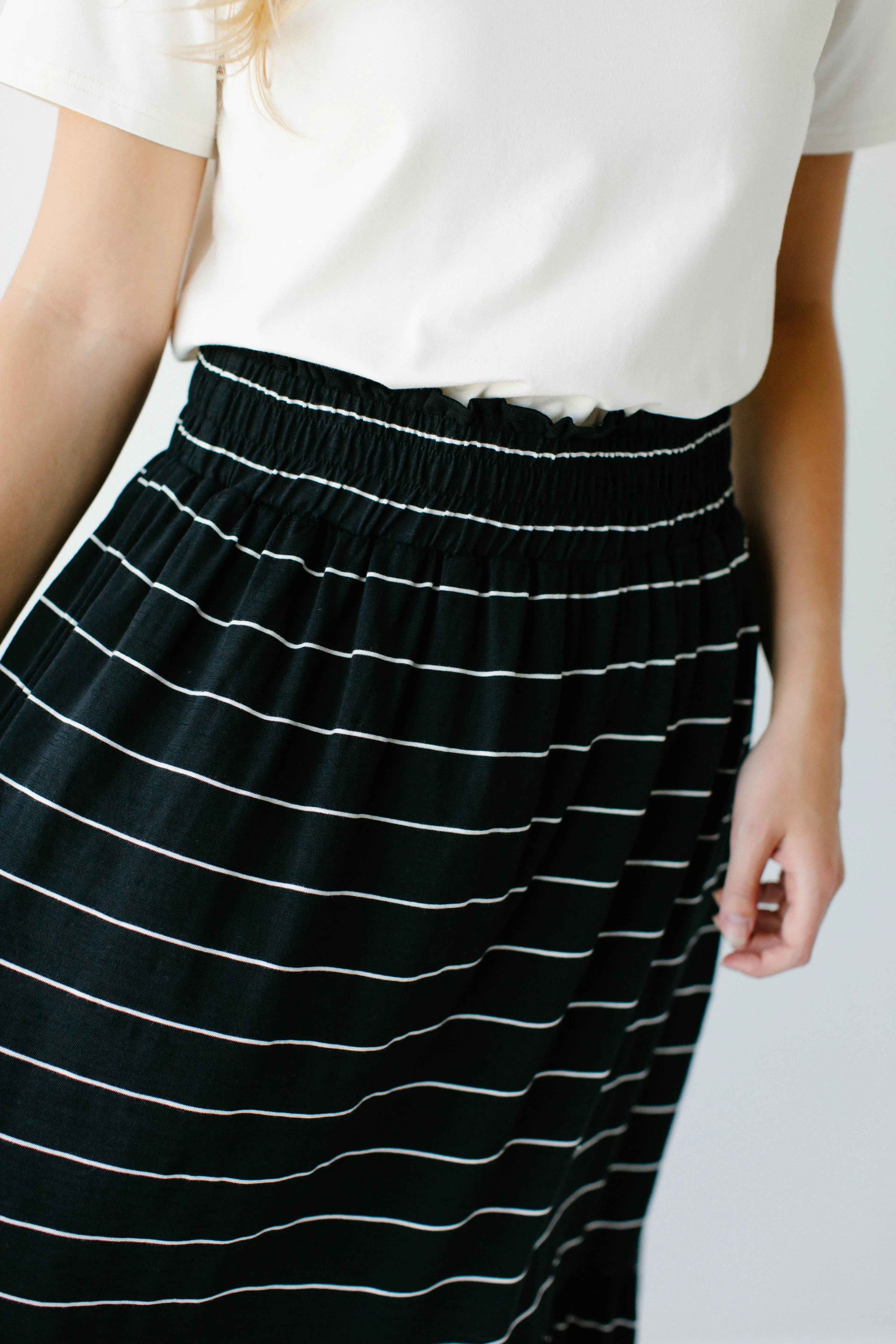 'Lorna' Cotton Blend Striped Midi Skirt in Black